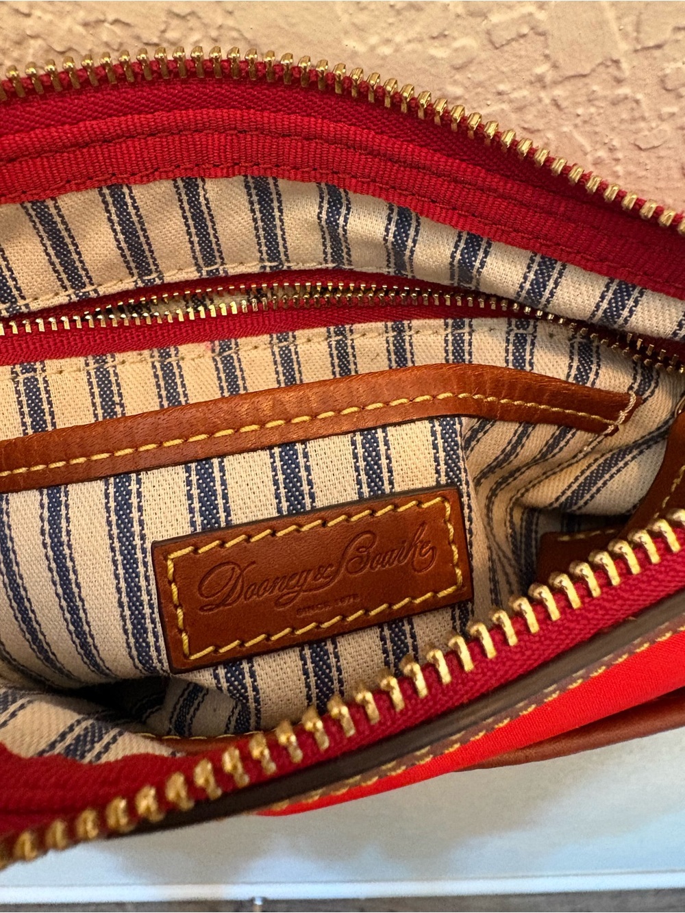 Dooney & Bourke Nylon Red Crossbody with Brown Leather Trim Adjustable Straps - Picture 5 of 15